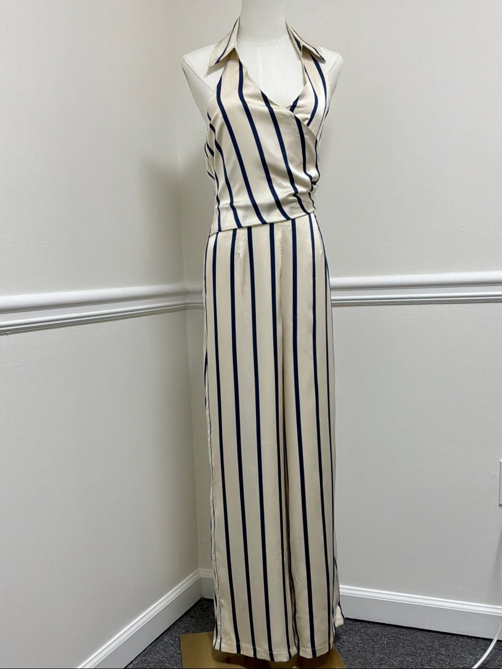 Lulus Striped Halter Jumpsuit in Cream and Navy